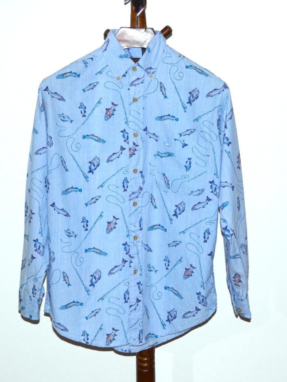 Duxbak Blue Fish Print Shirt Men's size M Long Sleeve Fishing Shirt